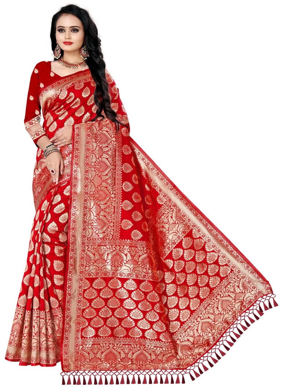 

AURIMA Women Cotton Woven Red Designer Saree With Blouse