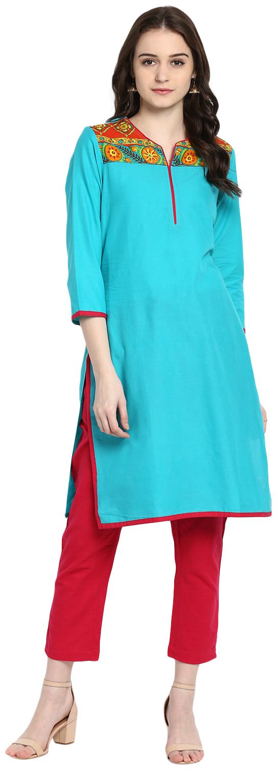 

Avanya Women Turquoise Solid Straight Kurta