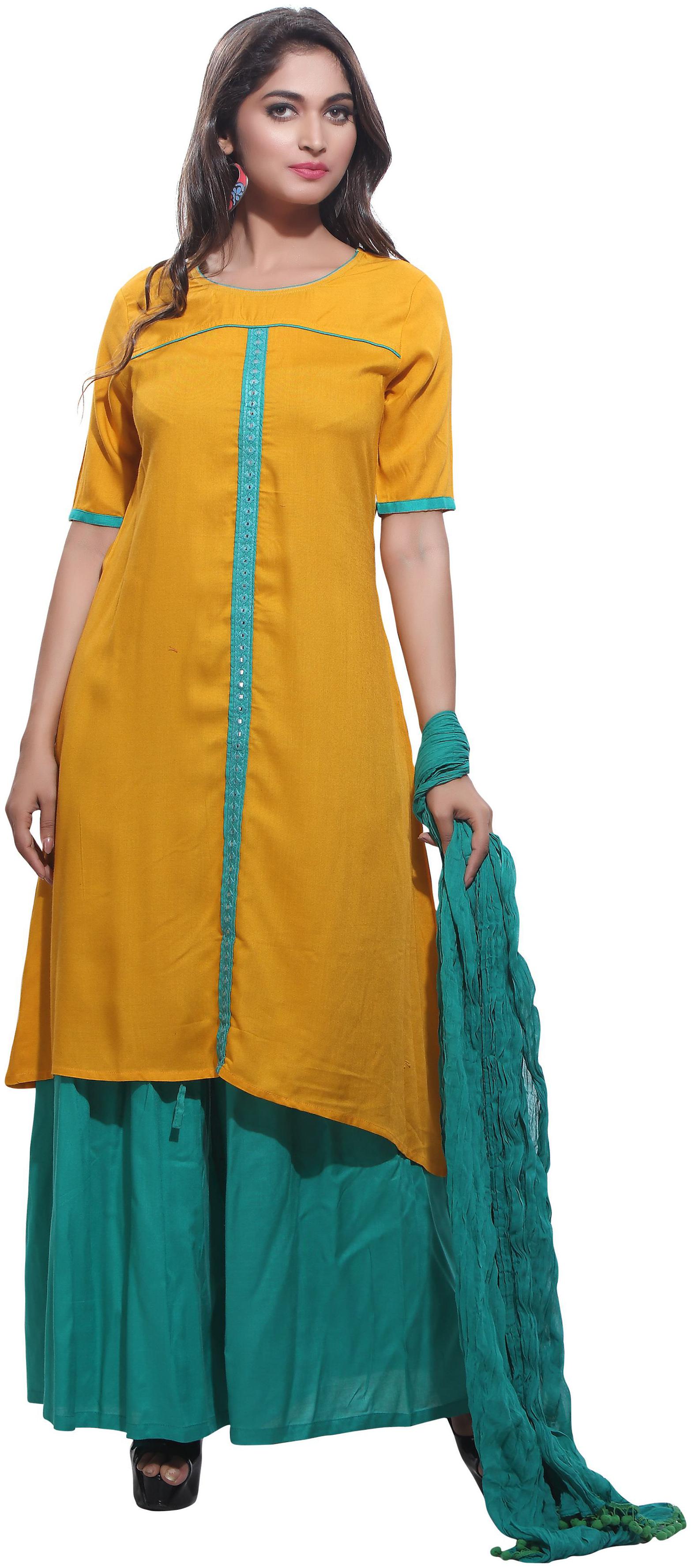

Avanya Women Rayon A-Line Kurta with Palazzo Dupatta Set