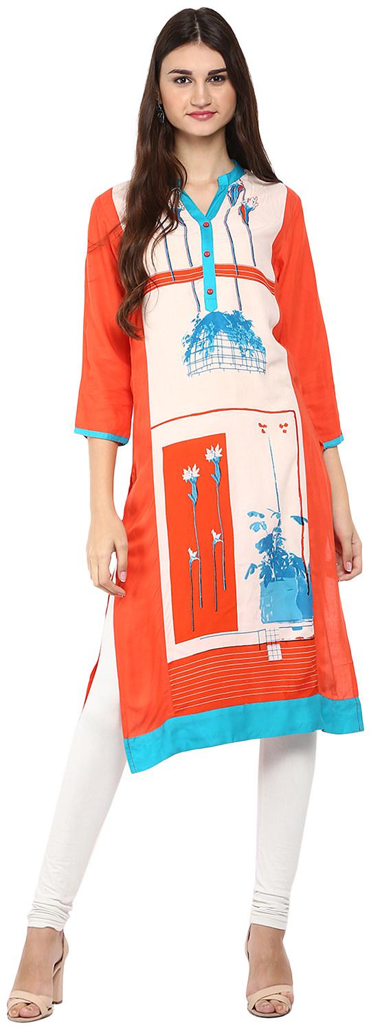 

Avanya Women Orange Printed Straight Kurta