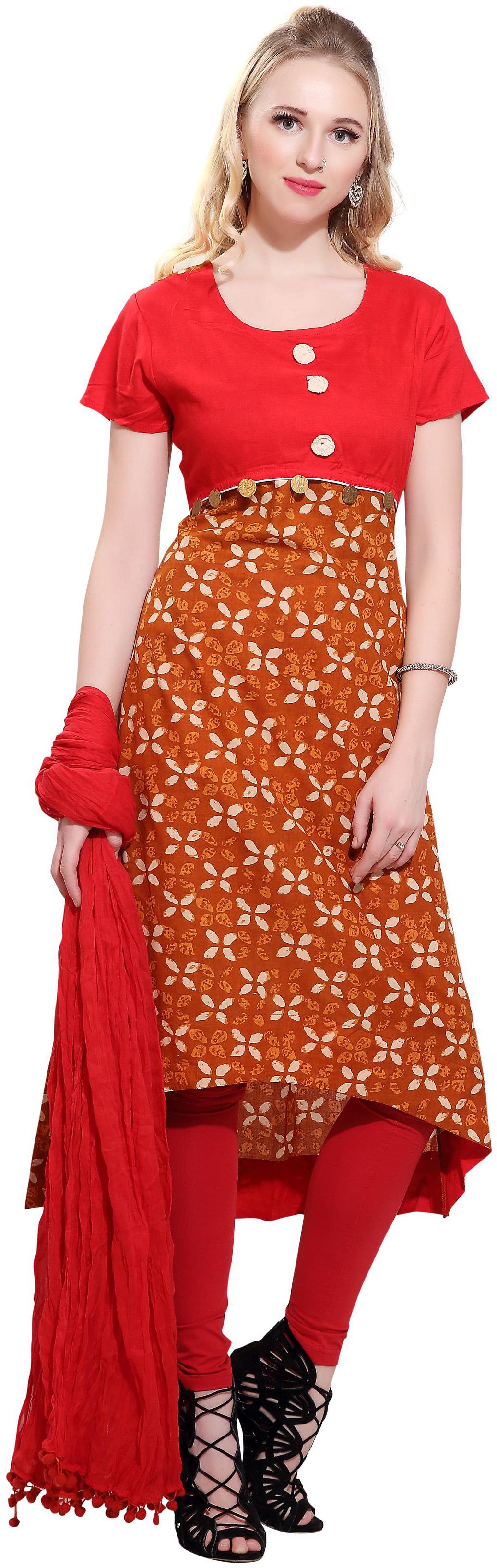 

Avanya Women Cotton High-Low Kurta with Legging Dupatta Set
