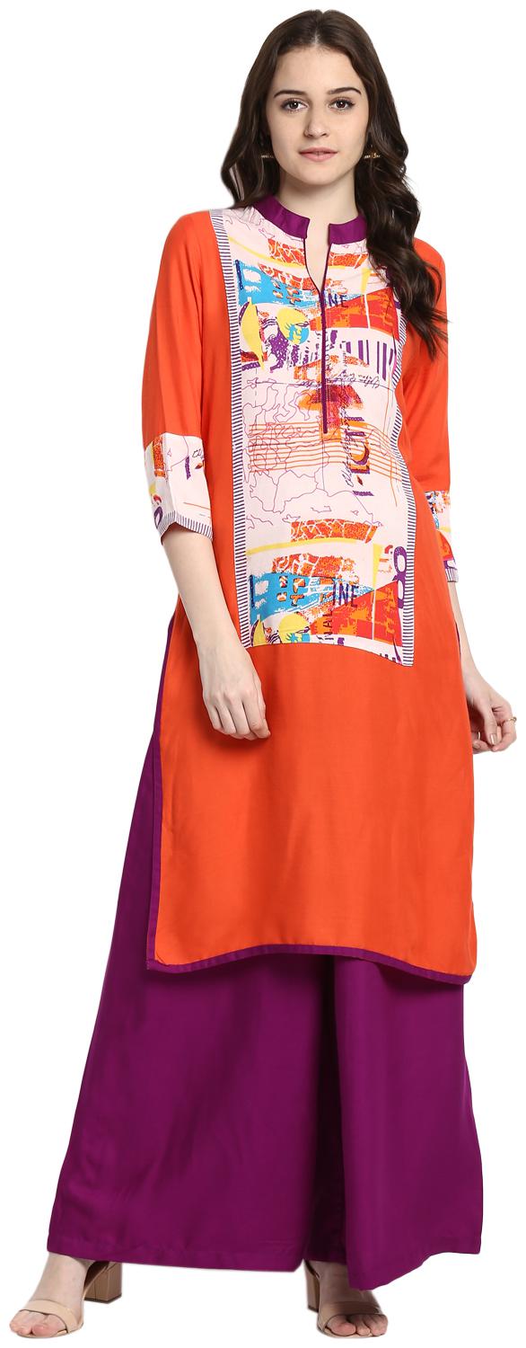 

Avanya Women Orange Printed Straight Kurta