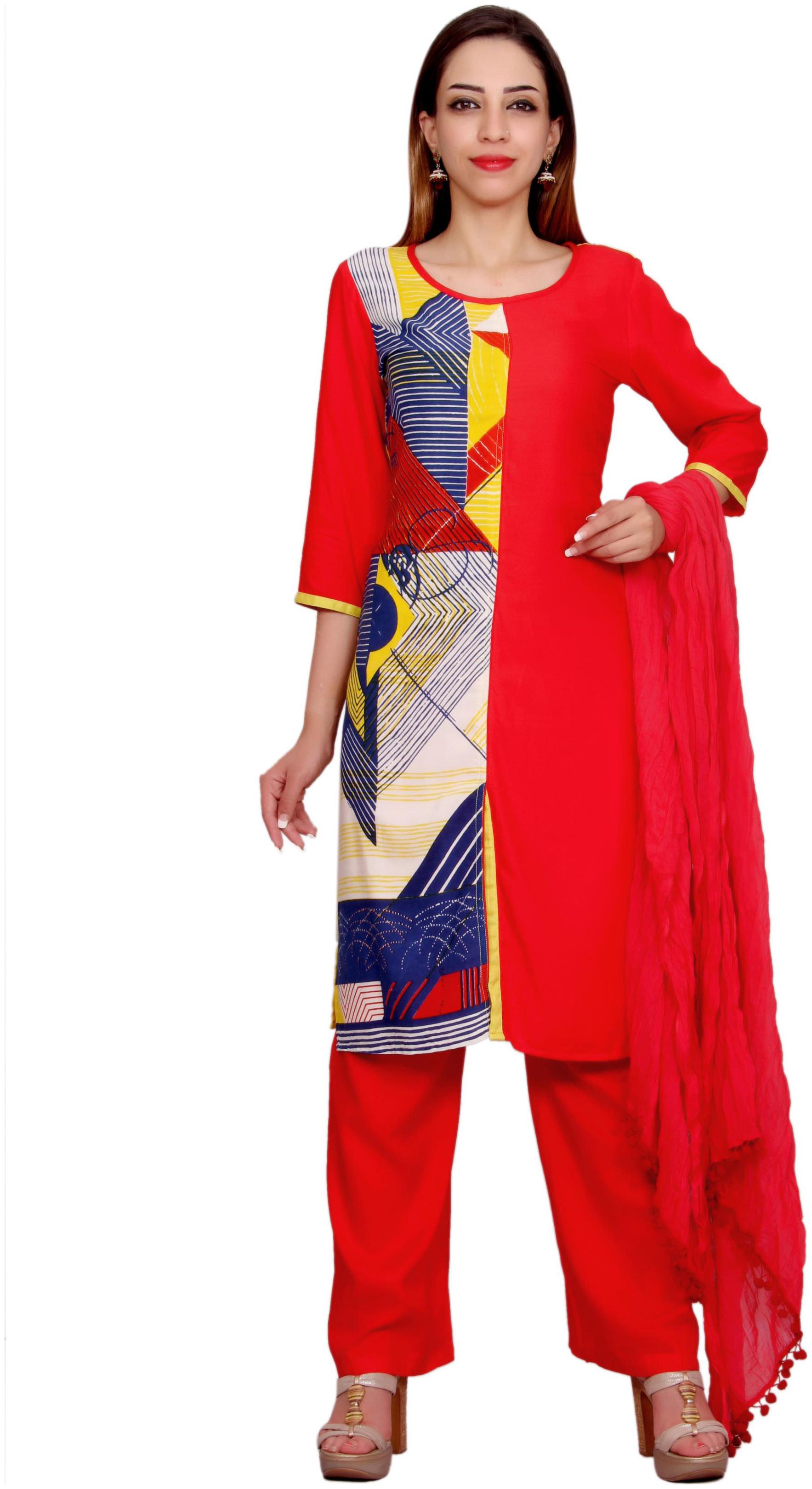 

Avanya Women Rayon Straight Kurta with Palazzo Dupatta Set