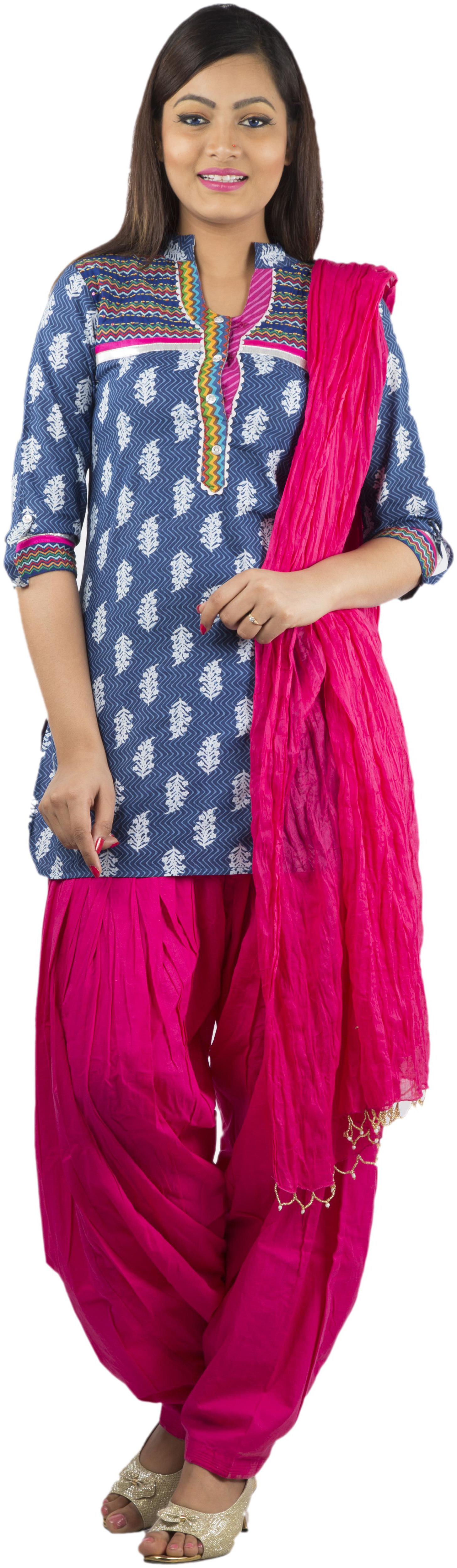 

Avanya Women Blue Printed Straight Kurti With Patiala And Dupatta