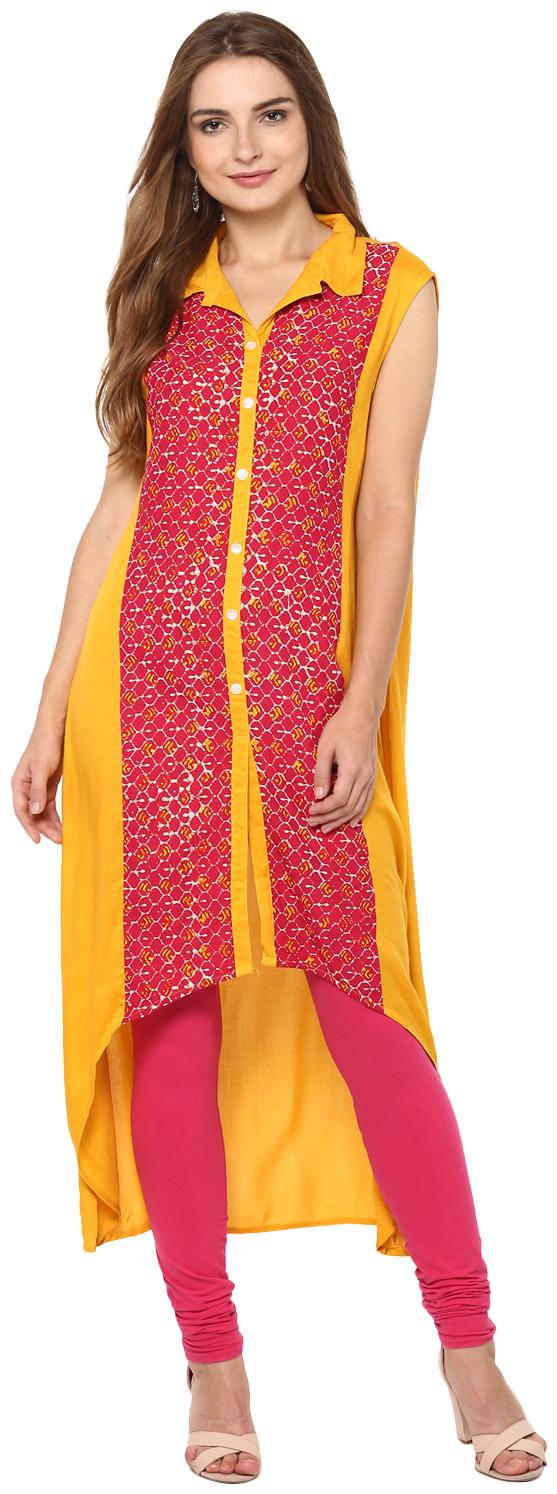 

Avanya Women Yellow Printed Assymetrical Kurta