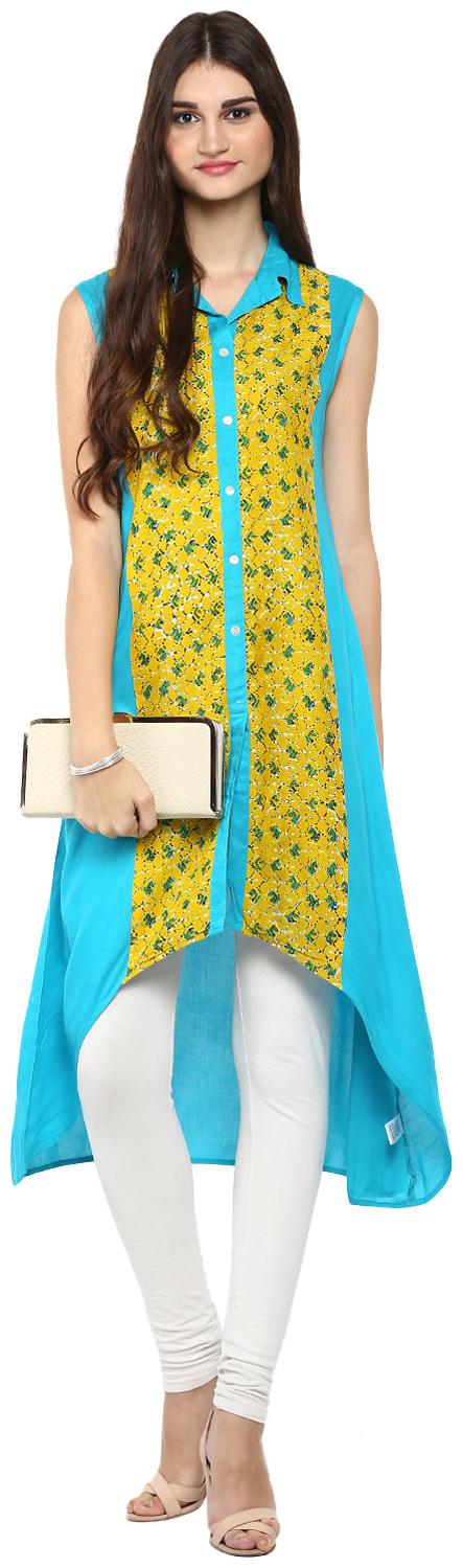 

Avanya Women Blue Printed Assymetrical Kurta