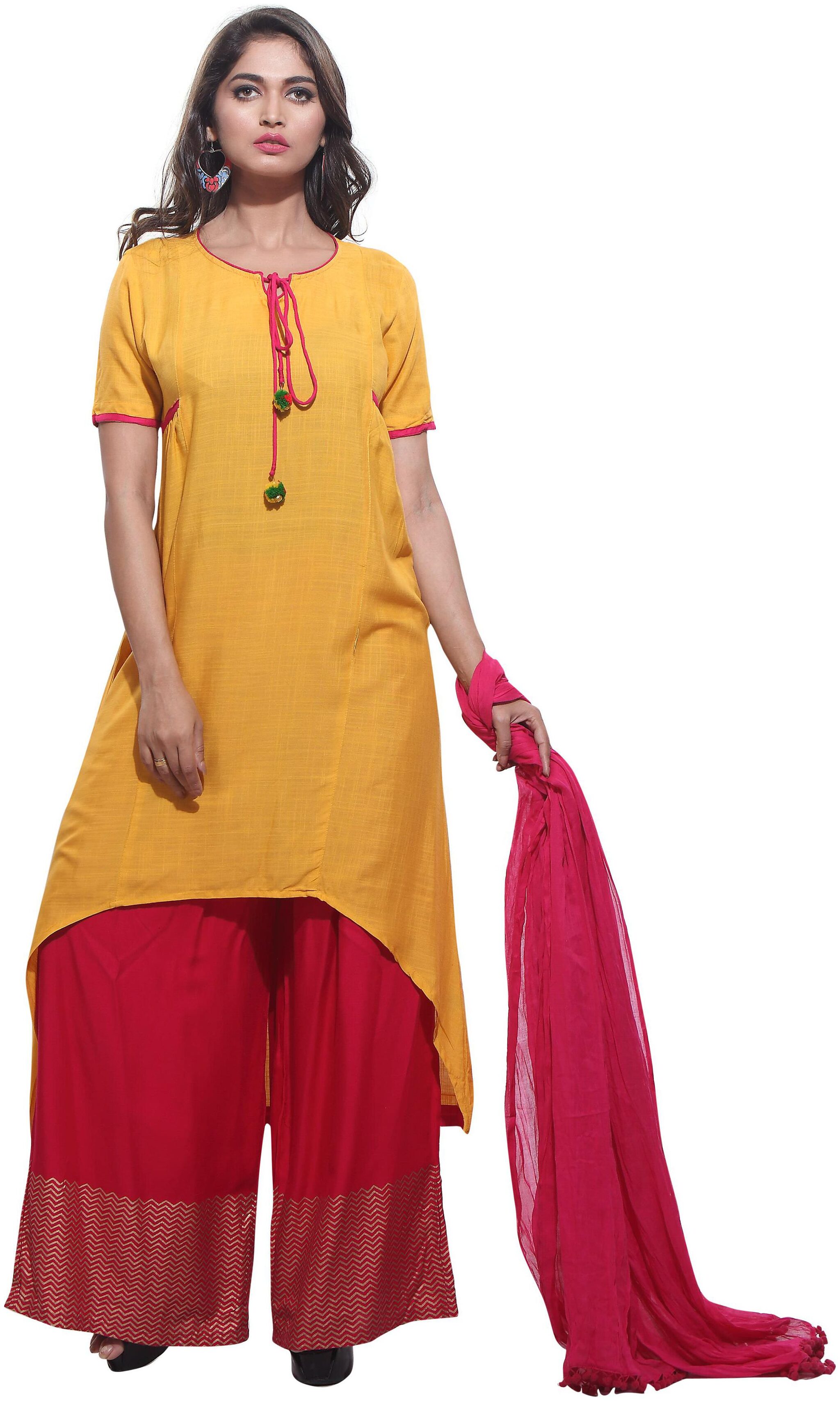 

Avanya Women Rayon High-Low Kurta with Palazzo Dupatta Set