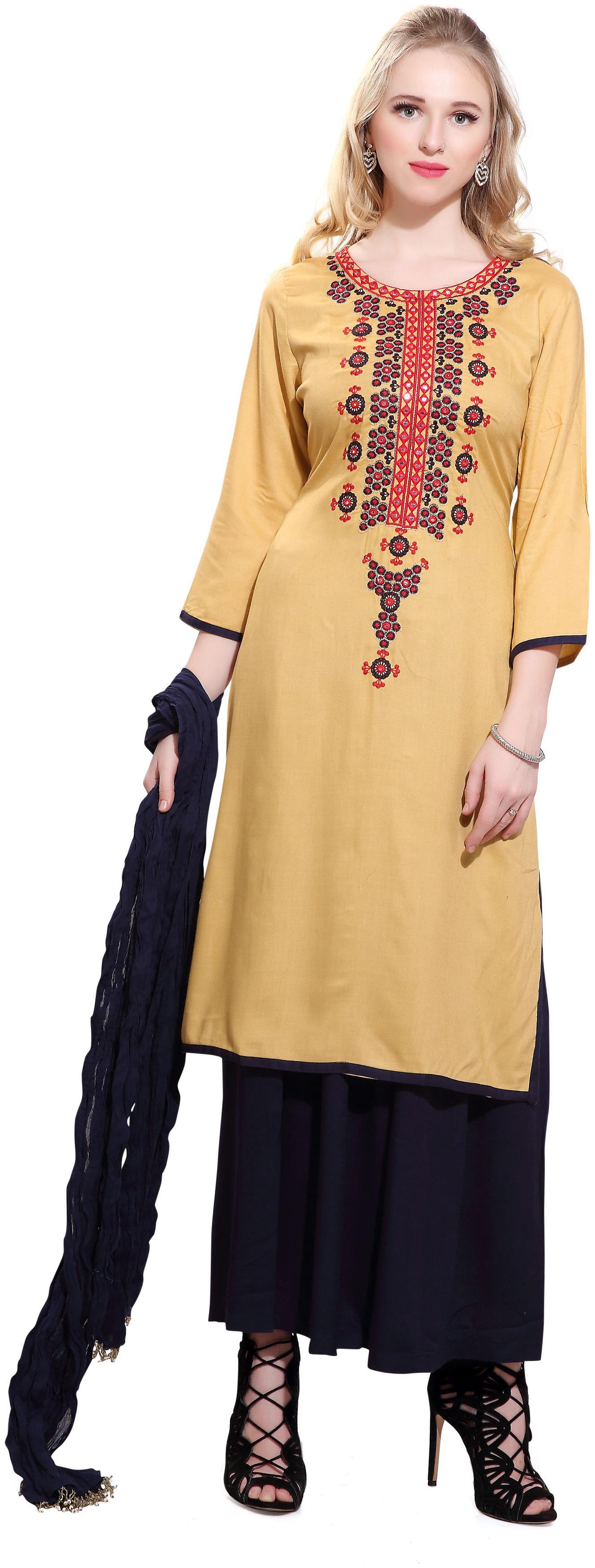 

Avanya Women Rayon Straight Kurta with Palazzo Dupatta Set