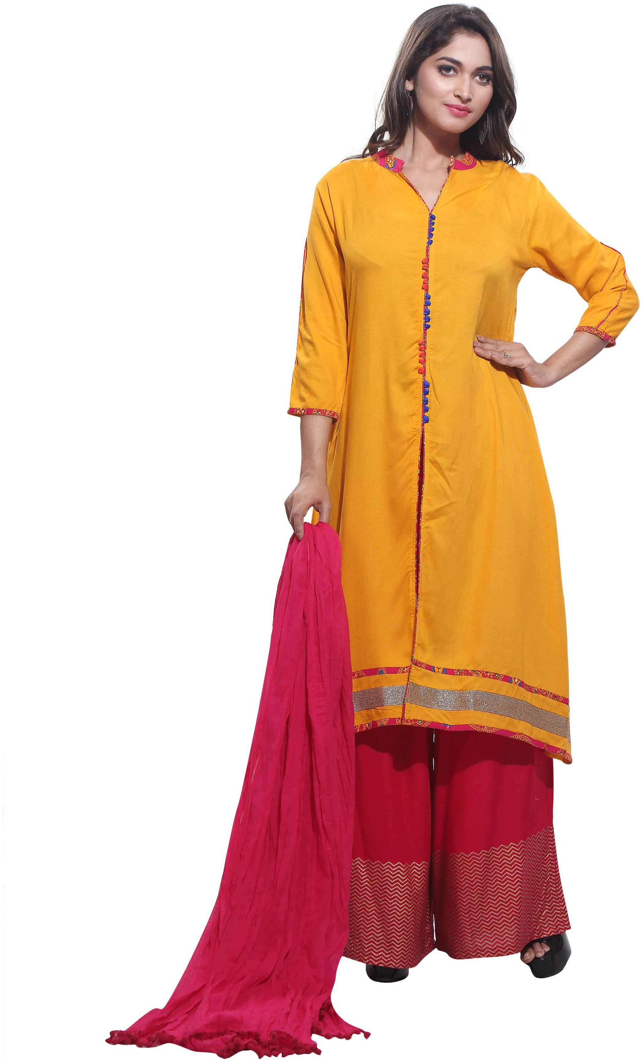 

Avanya Women Rayon A-Line Kurta with Palazzo Dupatta Set
