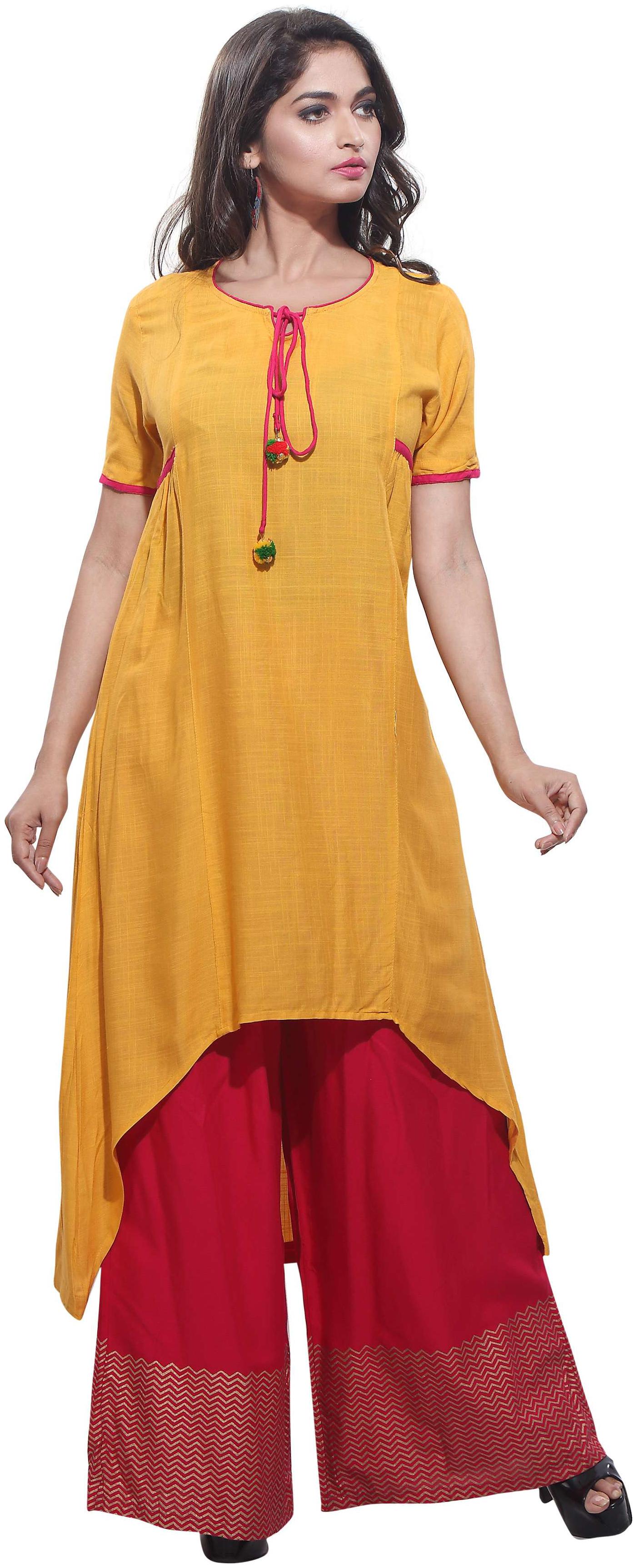 

Avanya Women Yellow Solid Assymetrical Kurta
