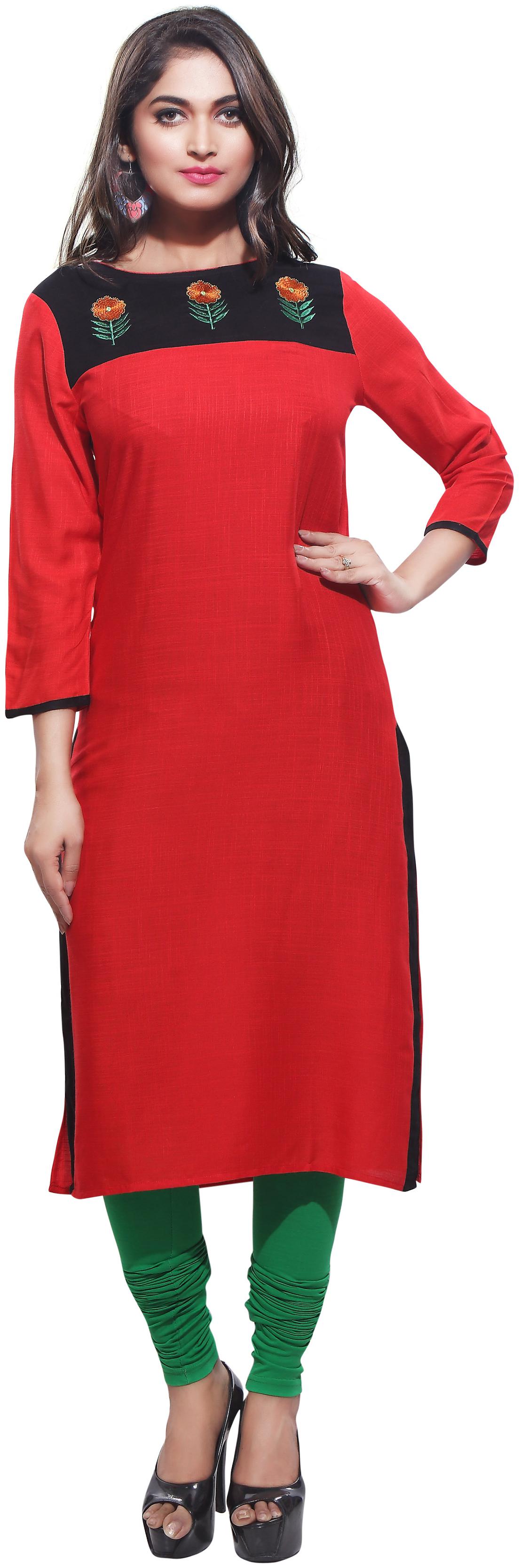 

Avanya Women Red Embroidered Straight Kurta