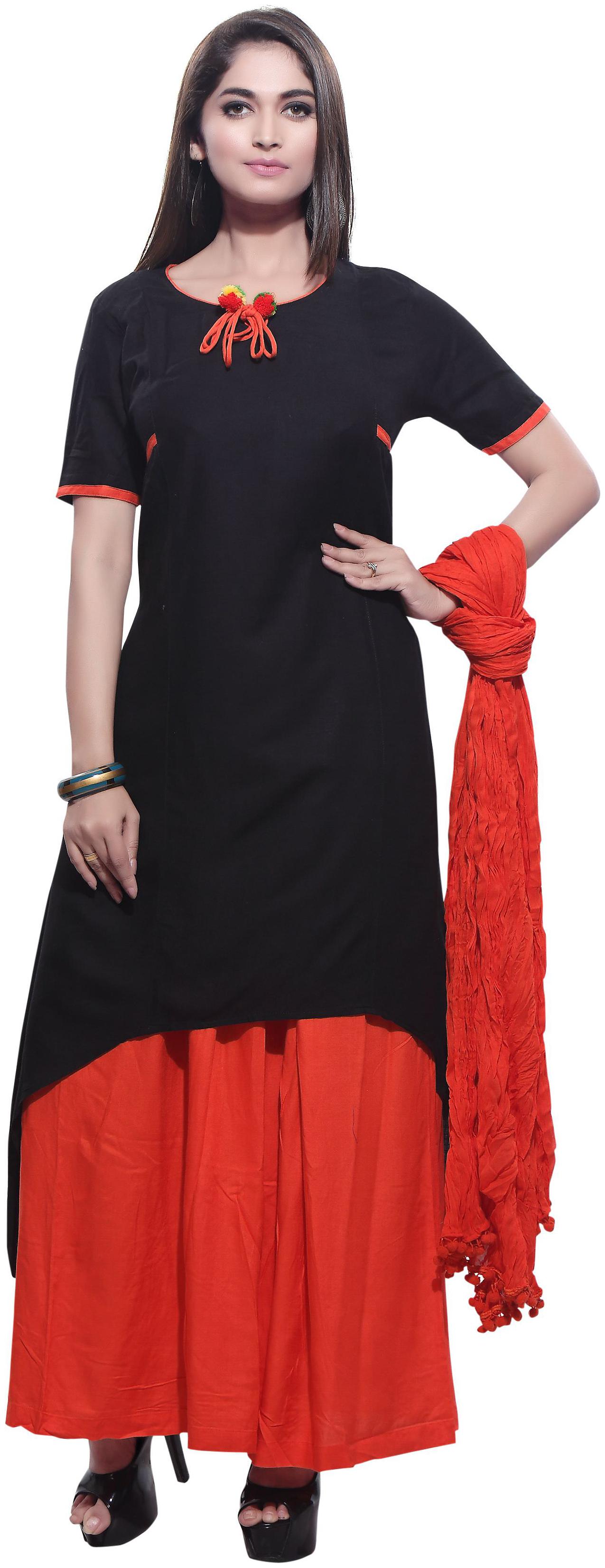 

Avanya Women Rayon High-Low Kurta with Palazzo Dupatta Set