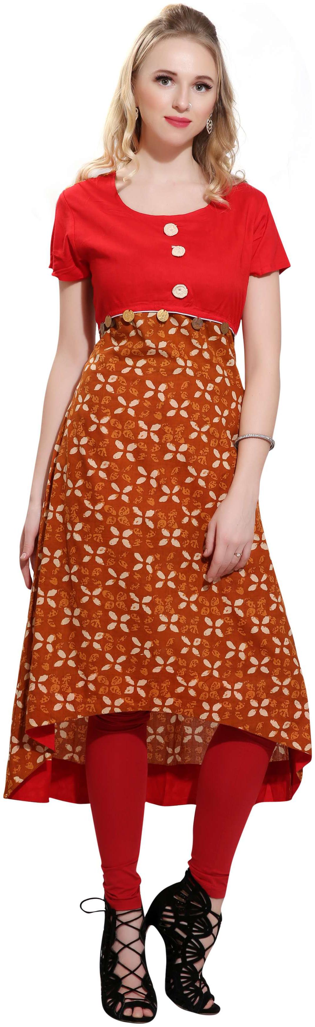 

Avanya Women Red Printed Assymetrical Kurta