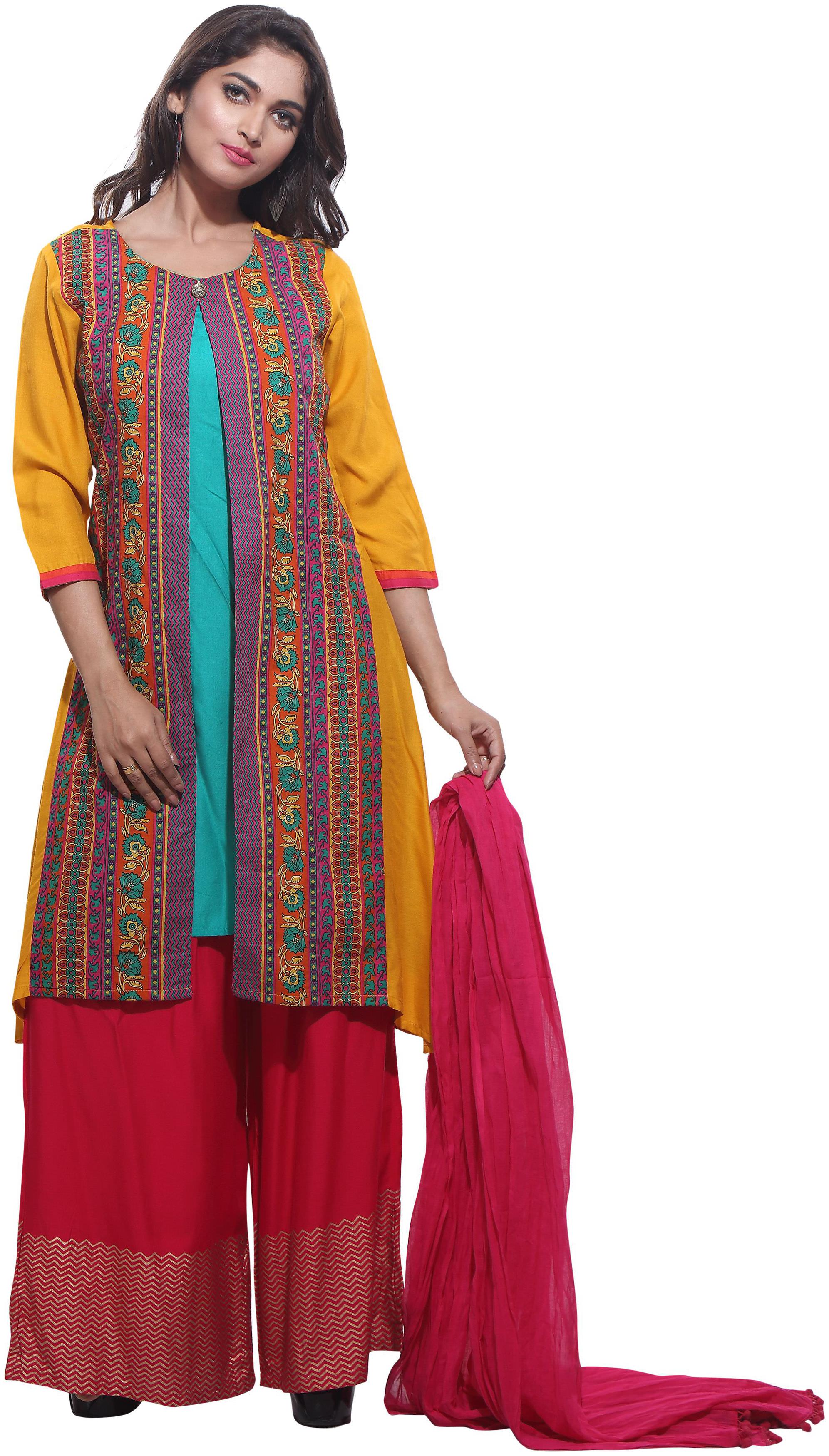 

Avanya Women Rayon A-Line Kurta with Palazzo Dupatta Set