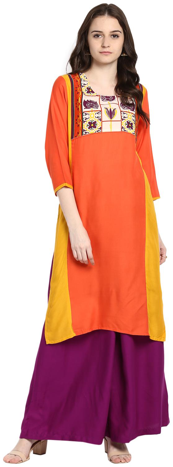

Avanya Women Orange Printed Straight Kurta