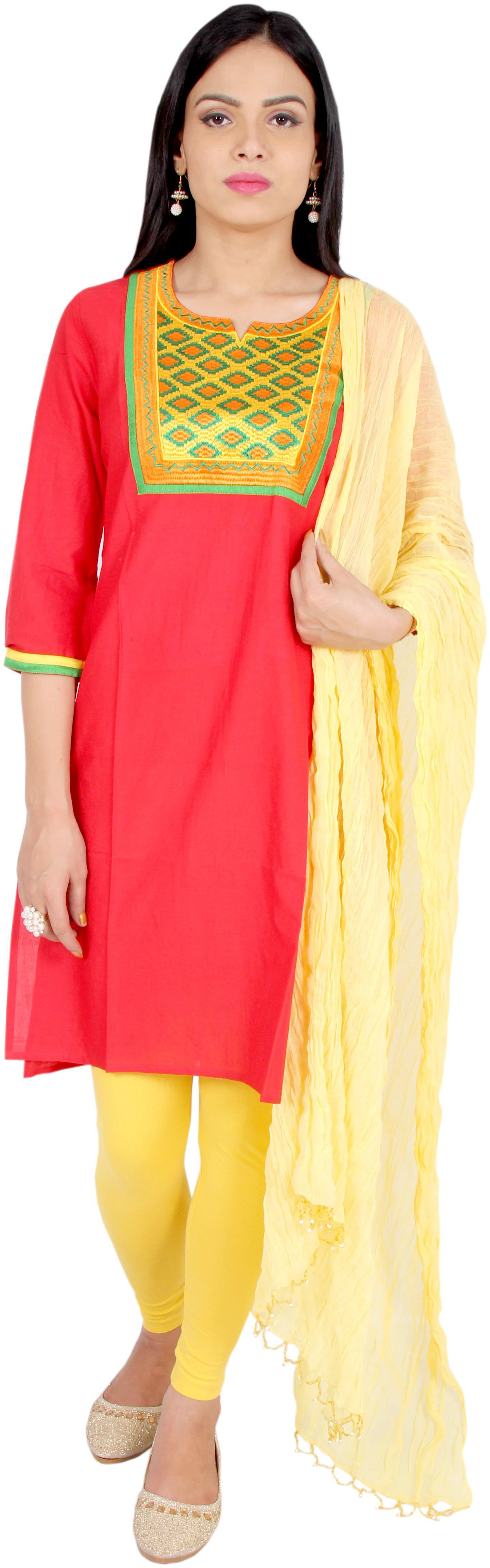 

Avanya Women Cotton Straight Kurta with Legging Dupatta Set