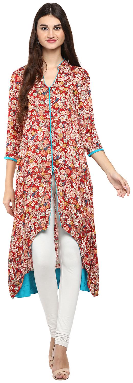 

Avanya Women Red Printed Assymetrical Kurta