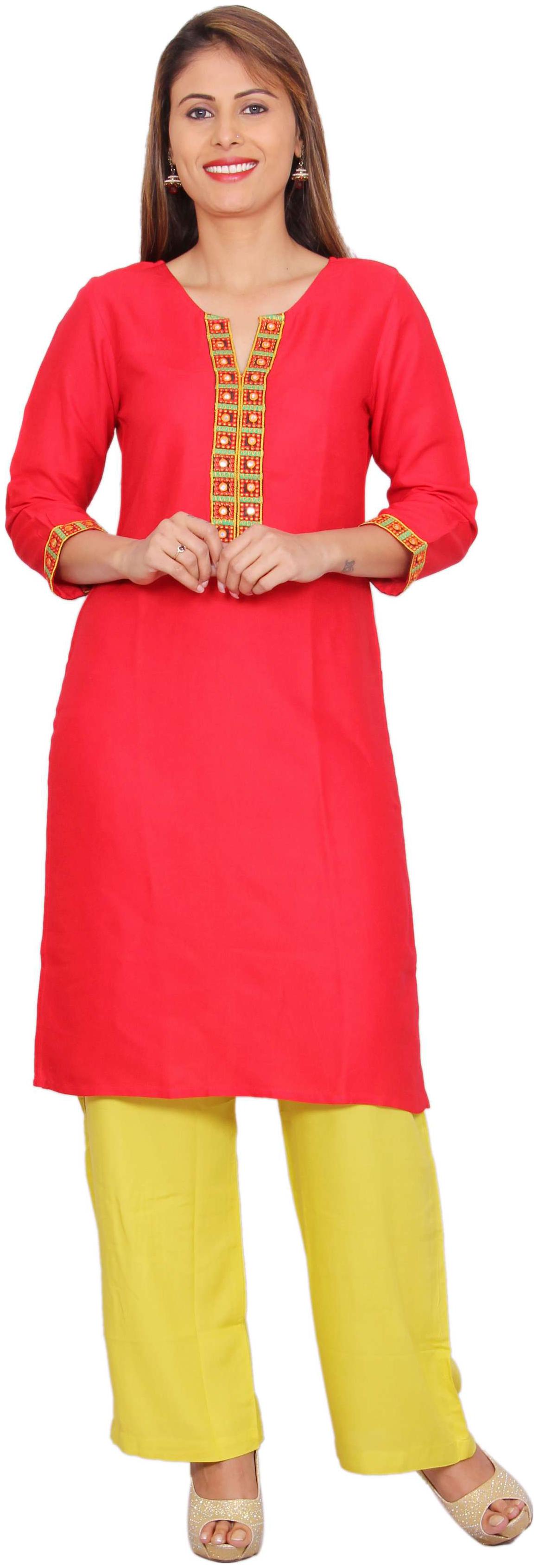 

Avanya Women Red Embroidered Straight Kurta