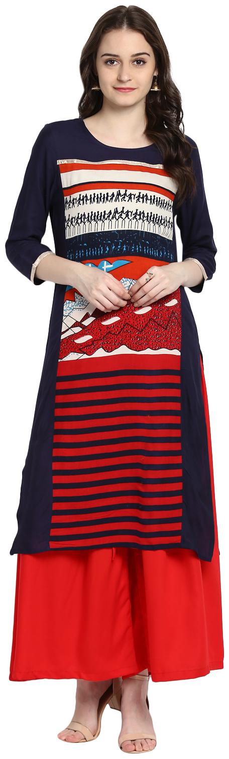 

Avanya Women Blue Printed Straight Kurta