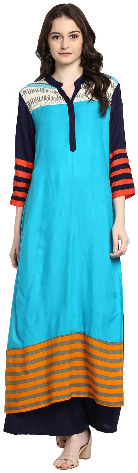 

Avanya Women Turquoise Printed Straight Kurta