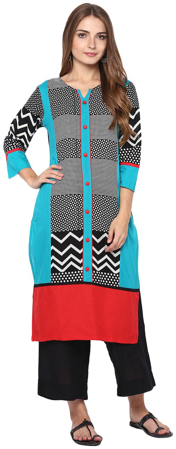 

Avanya Women Turquoise Printed Straight Kurta