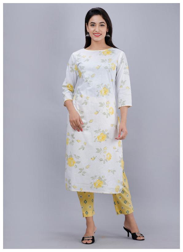 

AVINDA Women White Floral Straight Kurta With Trousers