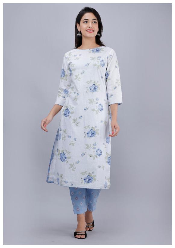 

AVINDA Women White Floral Straight Kurta With Trousers