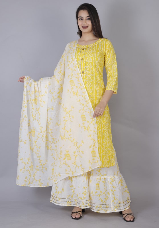 

AVINDA Women Yellow White Bandhani Straight Kurta With Sharara And Dupatta