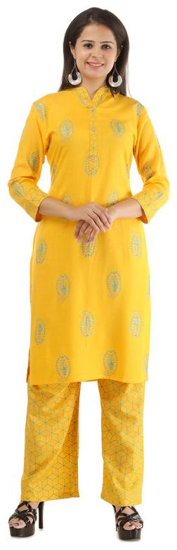 

AVINDA Women Yellow Printed Straight Kurta With Palazzo