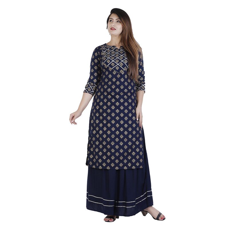 

AVINDA Women Navy Blue Printed Straight Kurta With Skirt