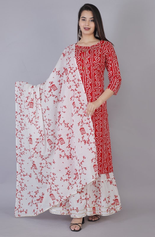 

AVINDA Women Red White Bandhani Straight Kurta With Sharara And Dupatta