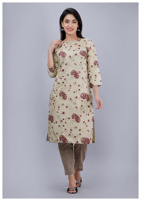 

AVINDA Women Beige Floral Straight Kurta With Pants