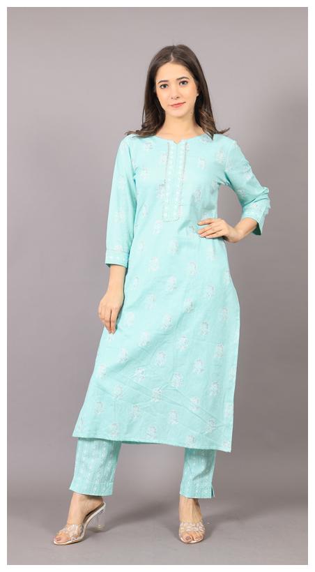 

AVINDA Women Blue Floral Straight Kurta With Trousers