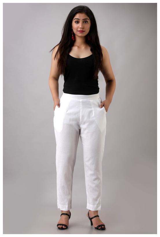 

Avinda Women S Cotton Blend Solid Trousers (White)