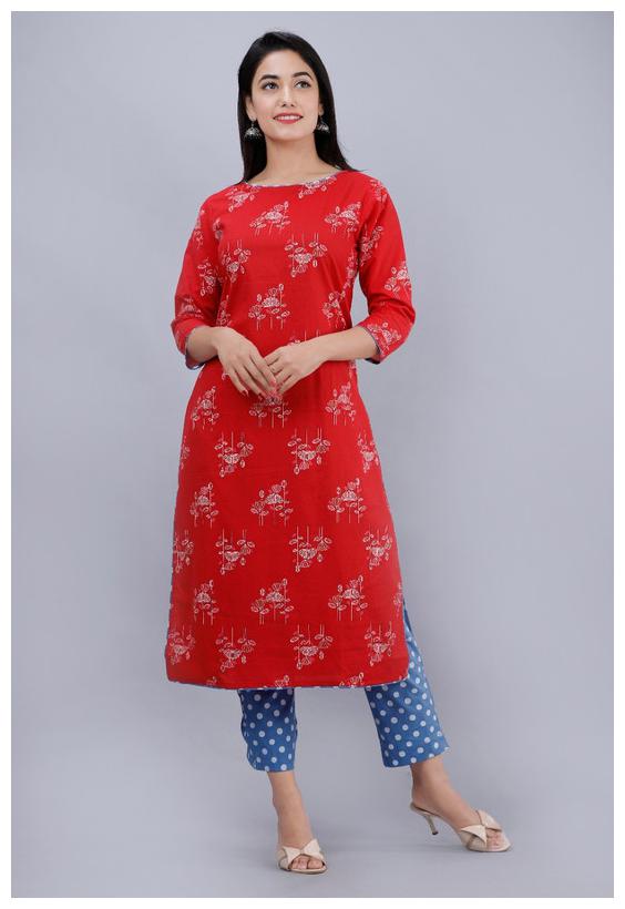 

AVINDA Women Red Floral Straight Kurta With Pants