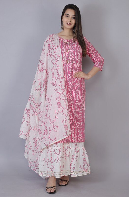 

AVINDA Women Pink Bandhani Straight Kurta With Sharara And Dupatta