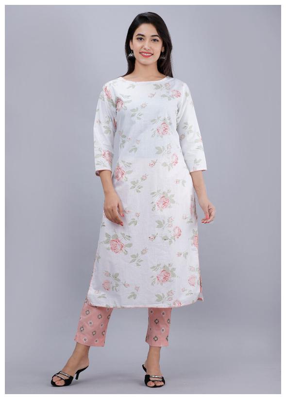 

AVINDA Women White Pink Floral Straight Kurta With Pants