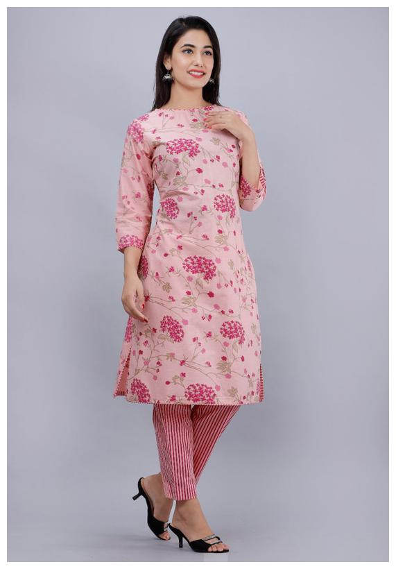 

AVINDA Women Pink Floral Straight Kurta With Pants
