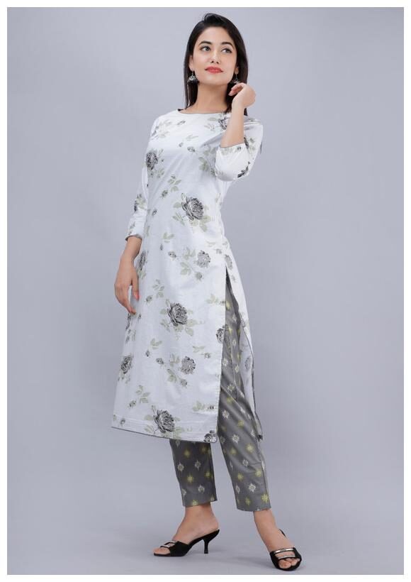 

AVINDA Women White Black Floral Straight Kurta With Pants