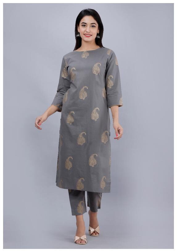 

AVINDA Women Grey Printed Straight Kurta With Pants