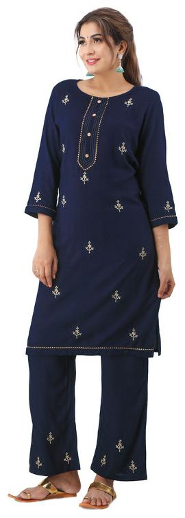 

Avinda Women s Straight Embroidery Kurta With Palazzo Set (Blue)