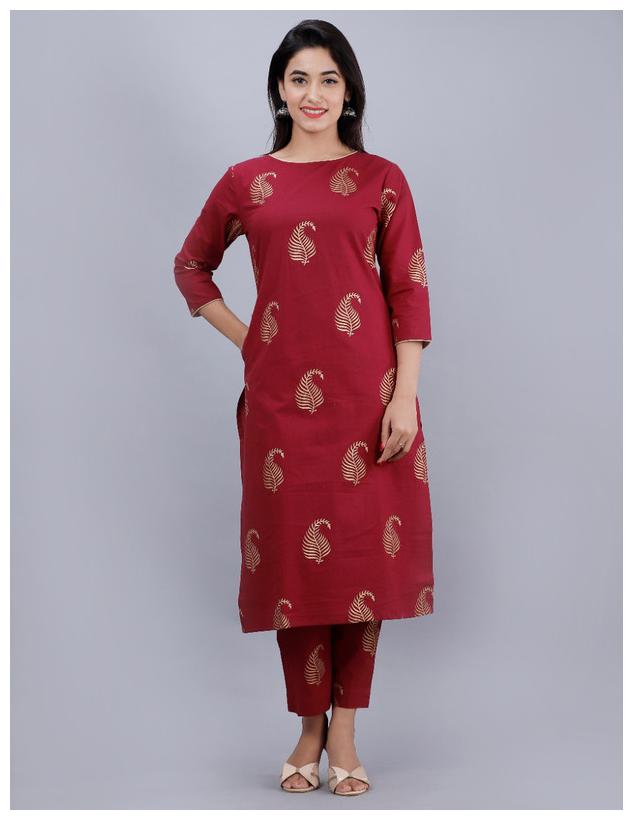 

AVINDA Women Red Printed Straight Kurta With Pants