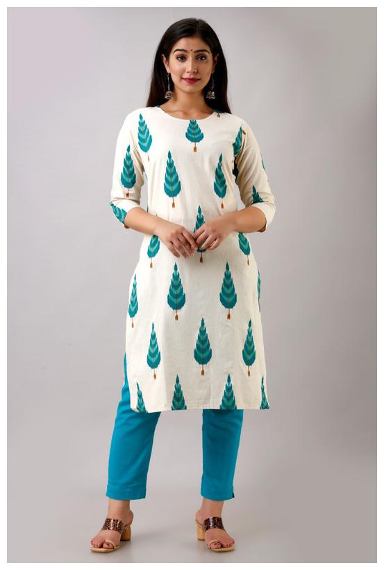

AVINDA Women White Printed Straight Kurta With Pants