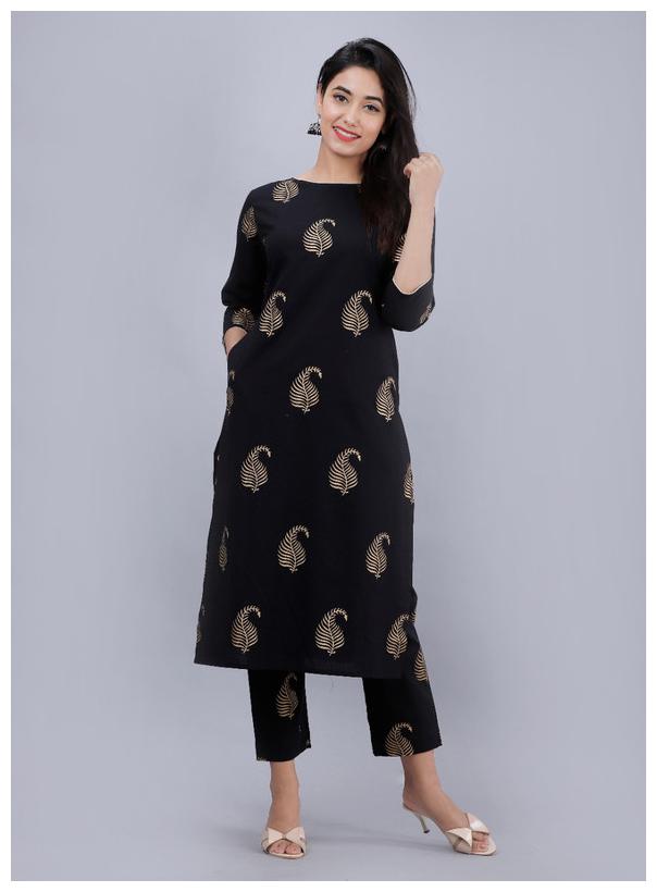 

AVINDA Women Black Printed Straight Kurta With Pants