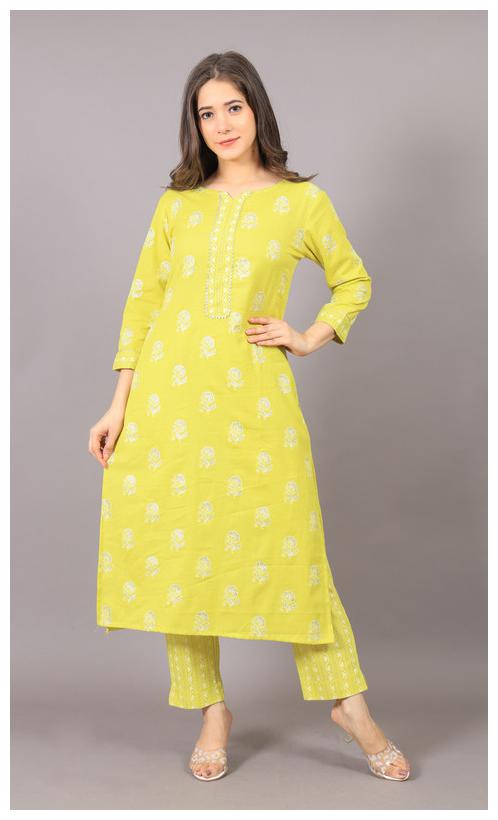 

AVINDA Women Yellow Floral Straight Kurta With Trousers
