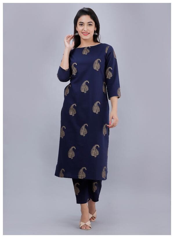 

AVINDA Women Blue Printed Straight Kurta With Pants
