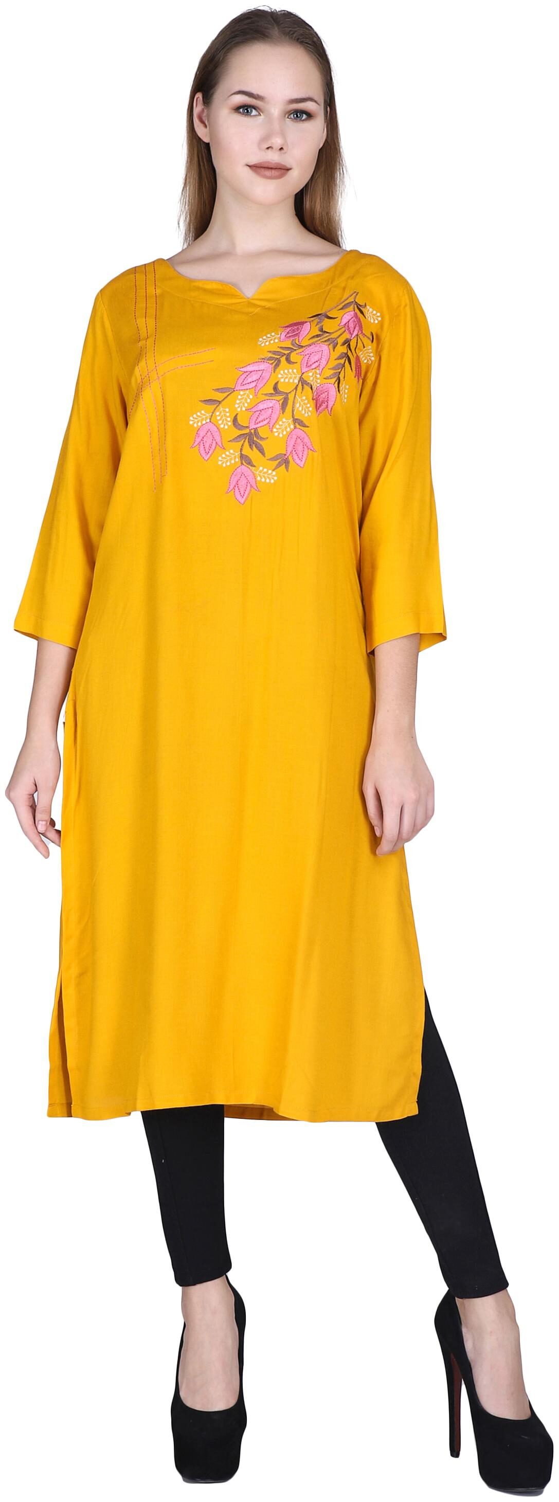 

Avyanna Women Yellow Embroidered Straight Kurti