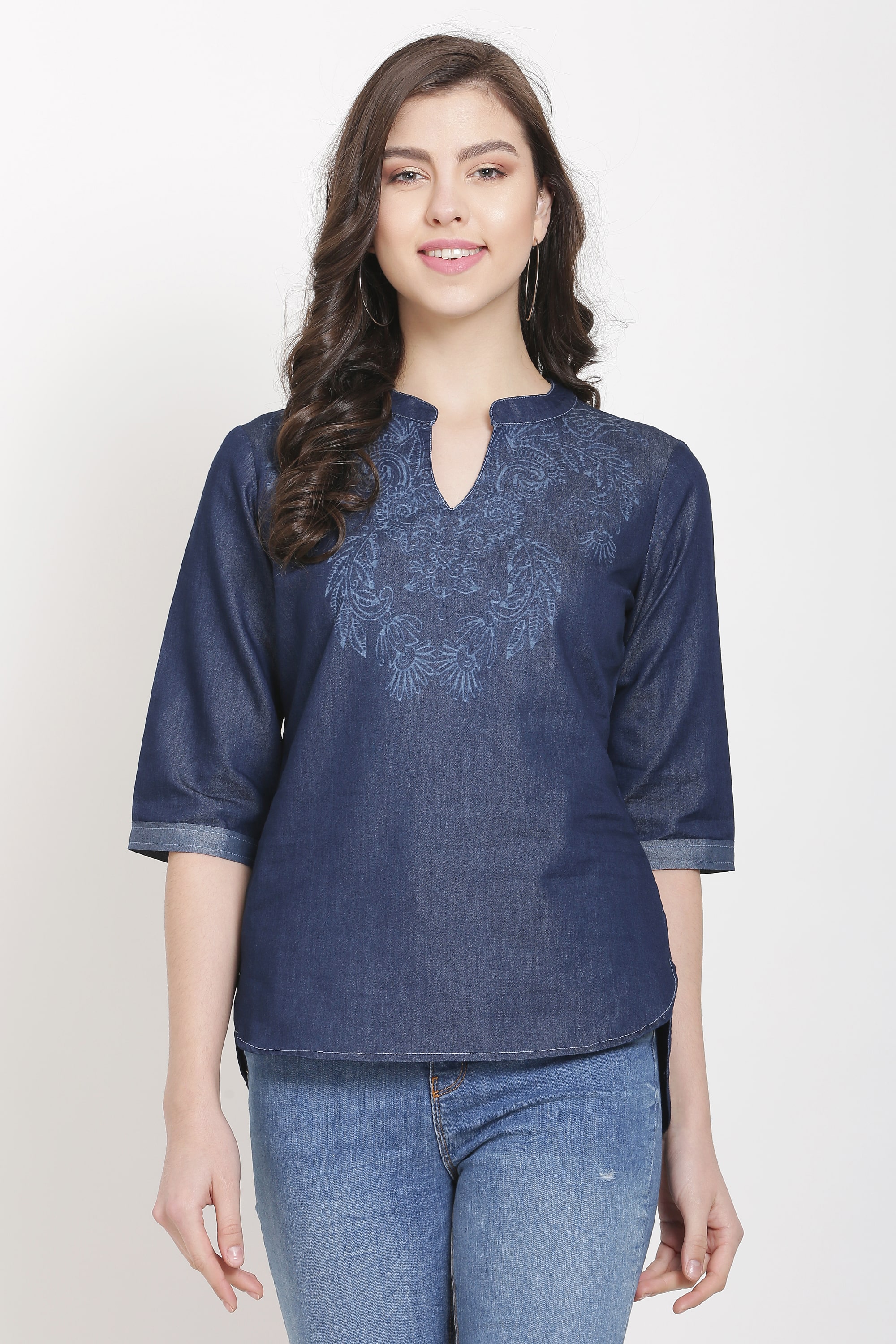 

Avyanna Stylis Women Denim Printed Regular Top (Navy Blue)