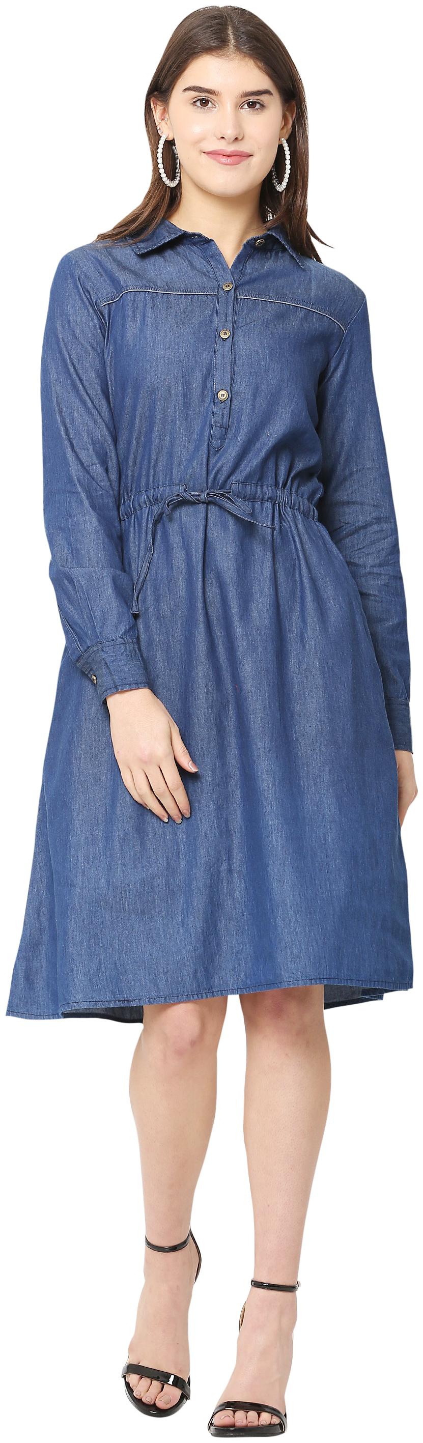 

Avyanna Stylish Navy Blue Color A-line Solid Denim Dress With Dori For Women s