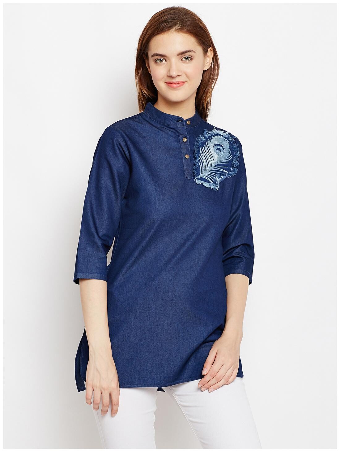 

Avyanna Stylish Women s Navy Blue Embroidery Denim Tunic